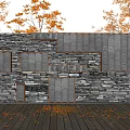 Autumn Garden Feature Wall With Stone Tile Patterns And Red Trees 3d model
