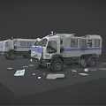 Tactical Police Armored Truck With Scattered Parts In Workshop Scene