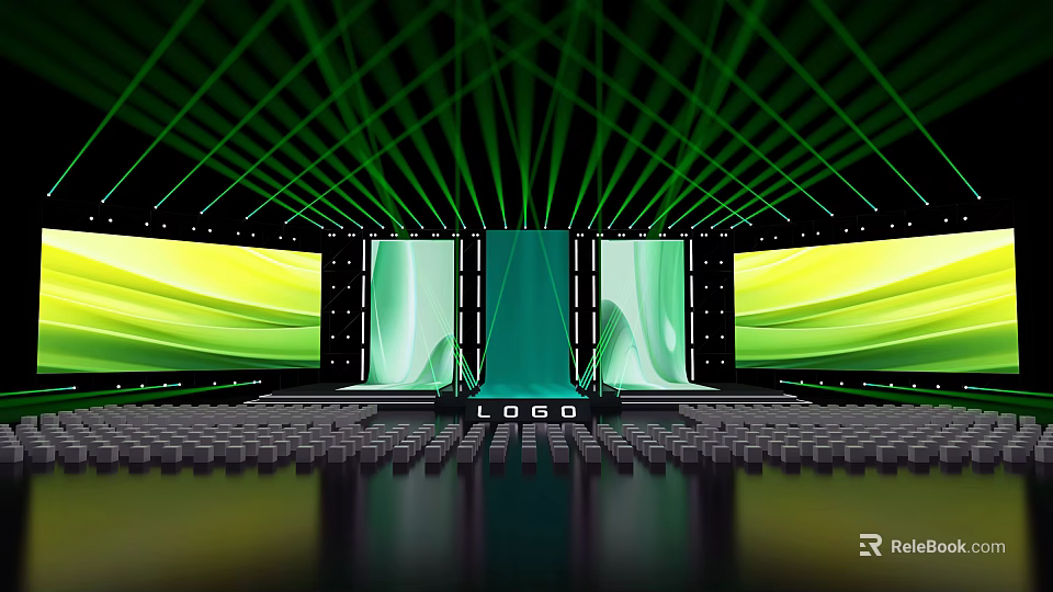 Contemporary Stage Design Featuring Green Laser Lights Wave Patterned Large Screens And Central LOGO 3d model 
