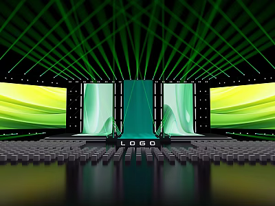 Contemporary Stage Design Featuring Green Laser Lights Wave Patterned Large Screens And Central LOGO 3d model