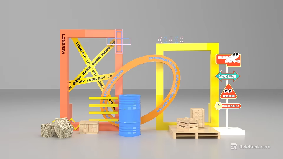 Construction Site Warning Setup With Loop Barriers Barrels And Wooden Boxes 3d model 