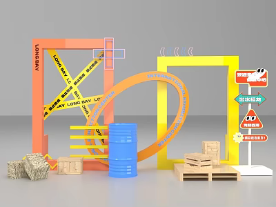 Construction Site Warning Setup With Loop Barriers Barrels And Wooden Boxes 3d model