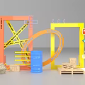 Construction Site Warning Setup With Loop Barriers Barrels And Wooden Boxes