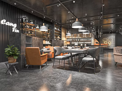 Modern Industrial Café Interior With Open Space Wooden Tables Hanging Lamps And Green Plants 3d model