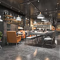 Modern Industrial Café Interior With Open Space Wooden Tables Hanging Lamps And Green Plants