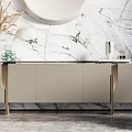 Modern Light TV Stand With Black Top Metal Legs Marble Wall Round Mirror Accent Chair