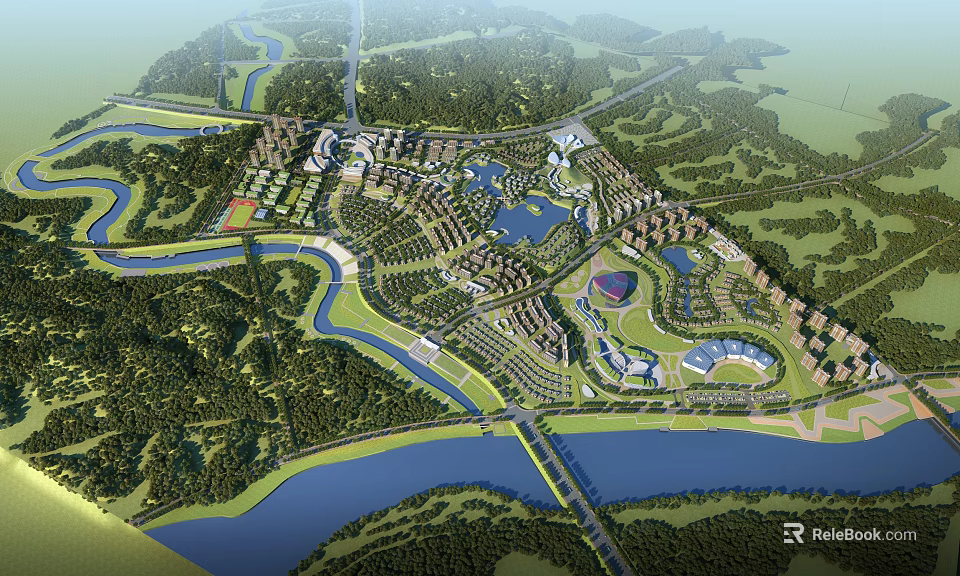 Aerial View Urban Planning With Rivers Lakes Green Spaces And Residential Areas 3d model 