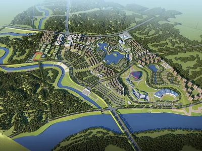 Aerial View Urban Planning With Rivers Lakes Green Spaces And Residential Areas 3d model