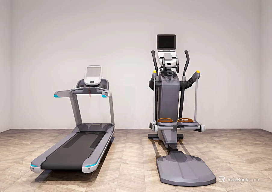 Modern Treadmill and Elliptical Fitness Equipment with Digital Screens in Indoor Wooden Floor Space 3d model 