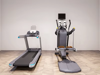Modern Treadmill and Elliptical Fitness Equipment with Digital Screens in Indoor Wooden Floor Space 3d model