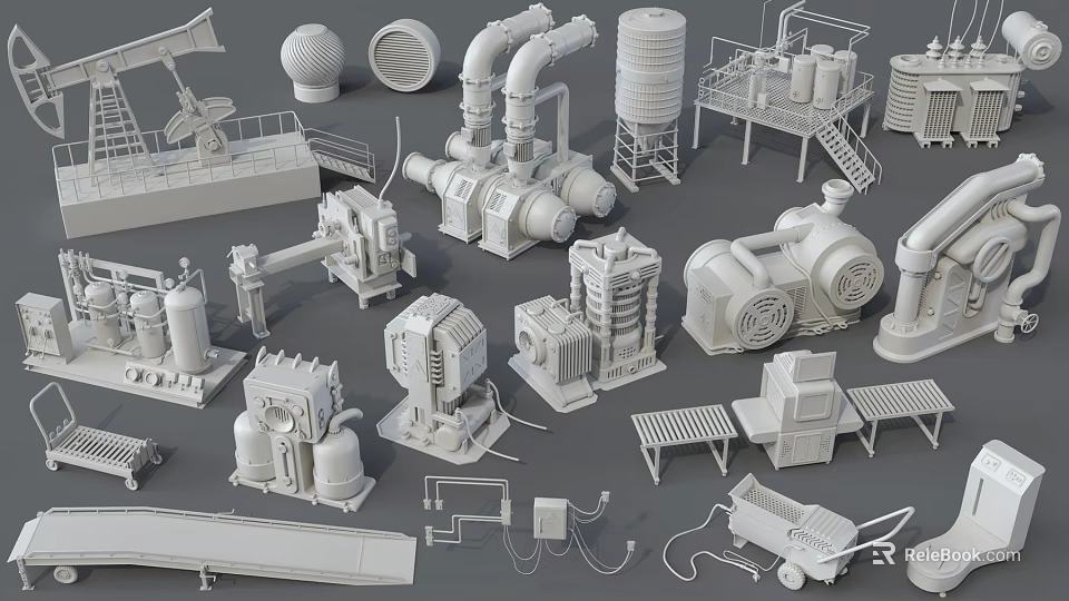 Industrial Equipment With Various Mechanical Components Pumps Tanks Conveyors And Machinery Parts 3d model 