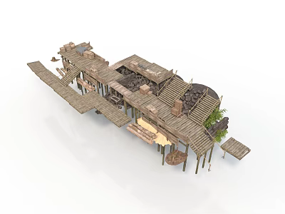Rustic Elevated Wooden Structures With Platforms Walkways And Architectural Design 3d model