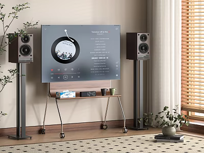 Modern Smart TV with Floor Speakers Music Playlist Display Media Cart Indoor Plant and Blinds 3d model