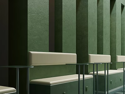Modern Cafe Interior With Green Walls Vertical Columns White Bench Seats And Metal Tables 3d model