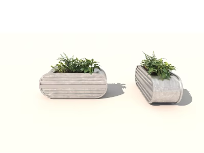 Decorative Garden Ornaments With Textured Concrete Rectangular Planters And Green Plants 3d model