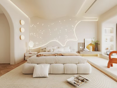 Modern Bedroom Interior With Curved Wall Star Decor Beige Bed Warm Lighting And Wooden Floor 3d model