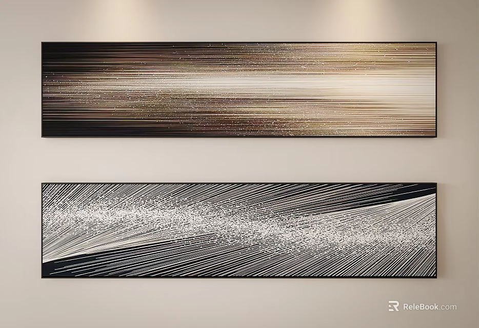 Modern Abstract Paintings With Gold Black White Lines And Textured Wall Art 3d model 