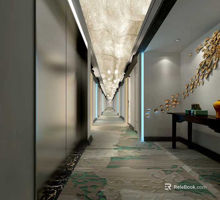 Elegant Hotel Corridor Interior Design With Ceiling Lights Patterned Carpet And Decorative Wall Art 3d model
