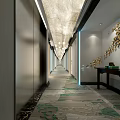 Elegant Hotel Corridor Interior Design With Ceiling Lights Patterned Carpet And Decorative Wall Art 3d model