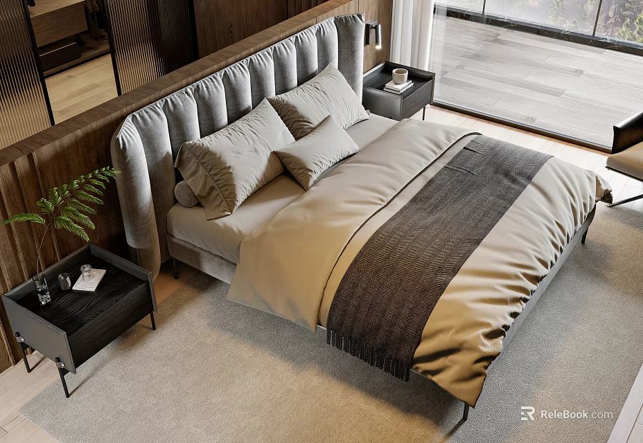 Modern Double Bed With Gray Velvet Headboard Beige And Gray Bedding Nightstands Plant Wooden Elements 3d model 