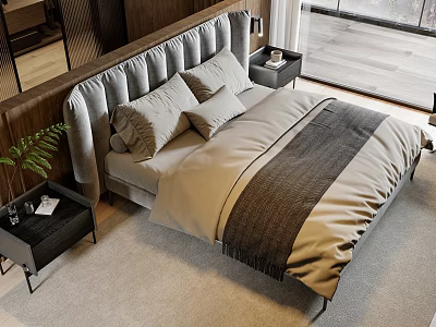 Modern Double Bed With Gray Velvet Headboard Beige And Gray Bedding Nightstands Plant Wooden Elements 3d model