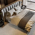 Modern Double Bed With Gray Velvet Headboard Beige And Gray Bedding Nightstands Plant Wooden Elements