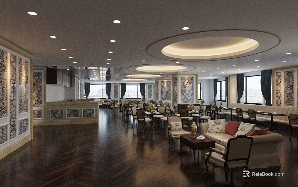 Elegant Spacious Restaurant Interior With Circular Ceiling Lights Decorative Paintings And Dining Tables Chairs 3d model 