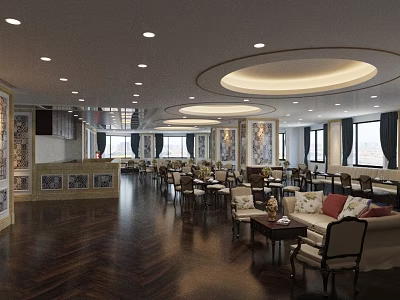 Elegant Spacious Restaurant Interior With Circular Ceiling Lights Decorative Paintings And Dining Tables Chairs 3d model