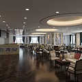 Elegant Spacious Restaurant Interior With Circular Ceiling Lights Decorative Paintings And Dining Tables Chairs