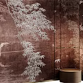 Beige Textured Decorative Wall With Leaf Pattern And Glass Shelf Wooden Bases