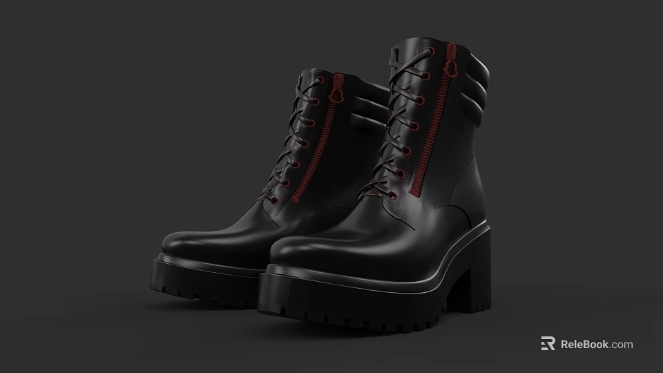 Black Leather Boots With Red Laces Thick Sole And Side Zipper Design 3d model 