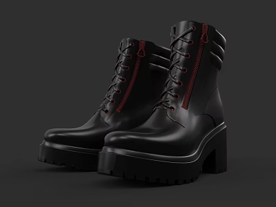 Black Leather Boots With Red Laces Thick Sole And Side Zipper Design 3d model