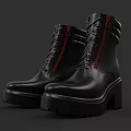 Black Leather Boots With Red Laces Thick Sole And Side Zipper Design