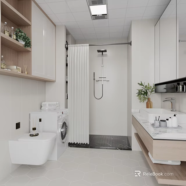 Modern Bathroom Interior With White Cabinets Washing Machine Shower Marble Countertop And Potted Plant 3d model 
