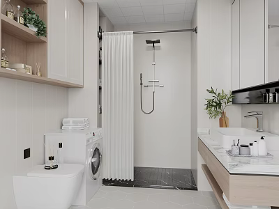 Modern Bathroom Interior With White Cabinets Washing Machine Shower Marble Countertop And Potted Plant 3d model