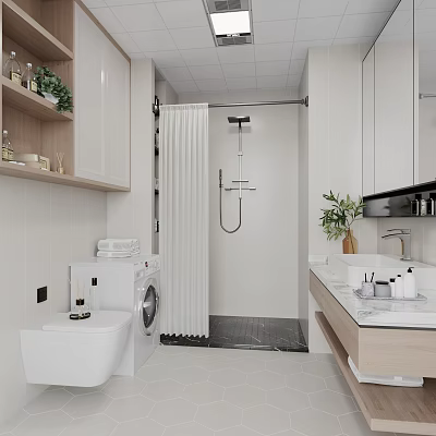 Modern Bathroom Interior With White Cabinets Washing Machine Shower Marble Countertop And Potted Plant 3d model