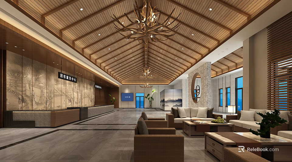 Elegant Store Front Desk In Lobby With Wooden Ceiling Chandeliers Sofa Seats And Windows 3d model 