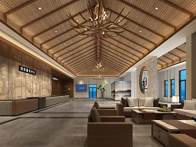 Elegant Store Front Desk In Lobby With Wooden Ceiling Chandeliers Sofa Seats And Windows 3d model