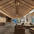 Elegant Store Front Desk In Lobby With Wooden Ceiling Chandeliers Sofa Seats And Windows