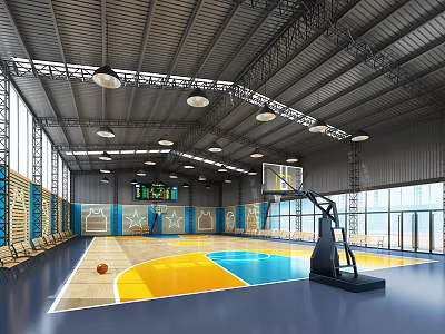 Indoor Basketball Court Interior With Yellow And Blue Floor Ceiling Lights And Hoop 3d model