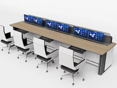 Modern Office Desk With Multiple Data Display Monitors And Ergonomic Chairs 3d model