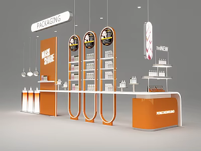Orange Curved Display Shelves for Packaging Products with New Arrival Sign and White Countertop 3d model