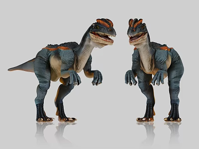 Two Detailed Reptile Dinosaur Models in Standing Pose with Blue Green Body and Orange Markings 3d model