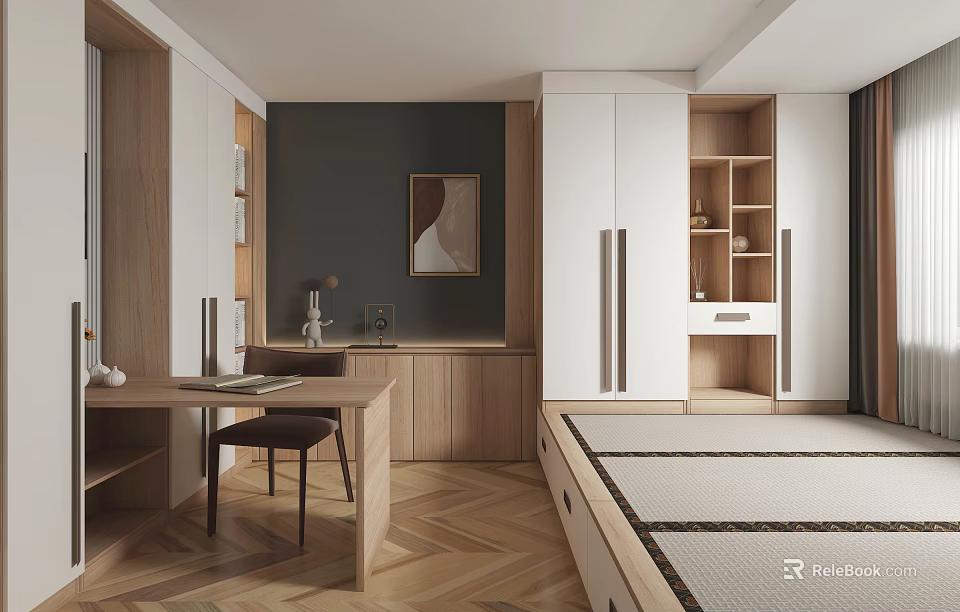 Modern Tatami Bedroom Interior Design With Wooden Writing Desk Storage Cabinets And Herringbone Flooring 3d model 