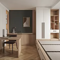 Modern Tatami Bedroom Interior Design With Wooden Writing Desk Storage Cabinets And Herringbone Flooring
