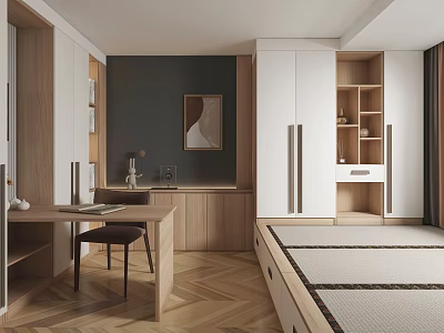 Modern Tatami Bedroom Interior Design With Wooden Writing Desk Storage Cabinets And Herringbone Flooring 3d model