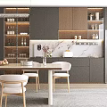 Modern Open Kitchen Interior With Lighted Storage Marble Island And Dining Chairs