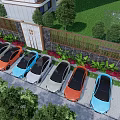 Colorful Electric Cars Parked Alongside Modern High Rise Buildings With Green Plants