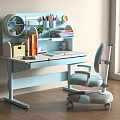Light Blue Kids Desk Interior With Bookshelf Stationery Books And Rolling Chair