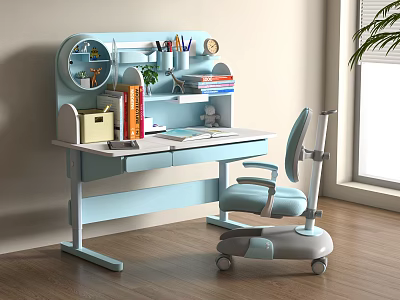 Light Blue Kids Desk Interior With Bookshelf Stationery Books And Rolling Chair 3d model